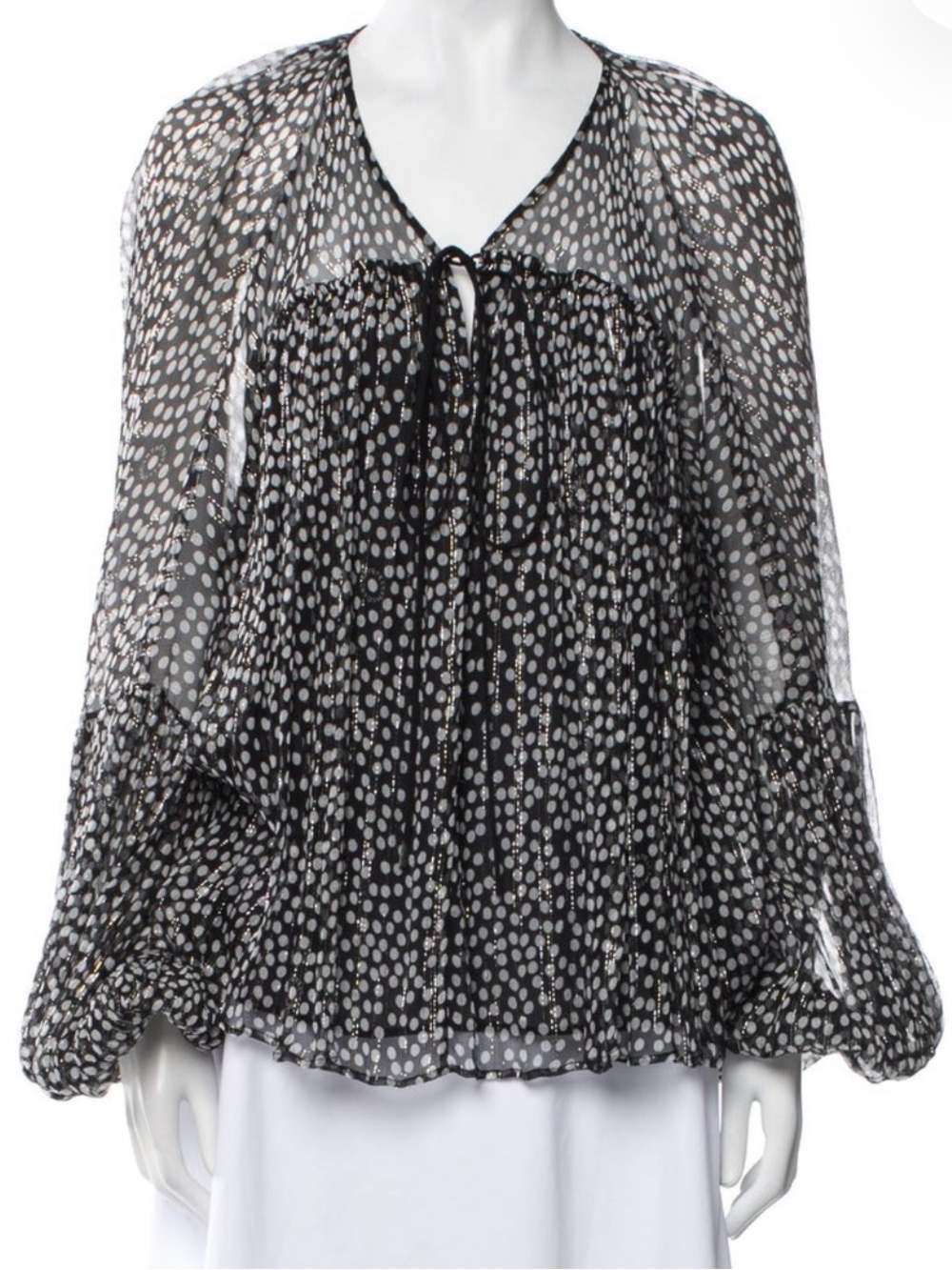 Stella McCartney Sheer Black Polka Dot Tie-Neck Blouse